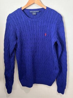 Vintage Y2K Ralph Lauren Sport Royal Blue Cable Knit Cotton Sweater XL Red Pony⁠